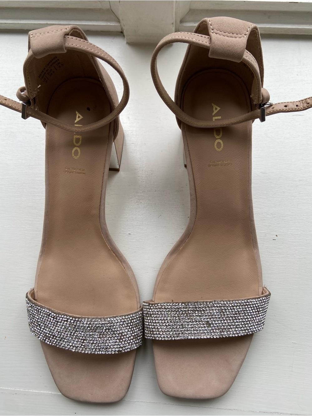 ALDO Blush Nude Ankle-Strap Heels with Rhinestone Front Bandi, size 8, 2 inches